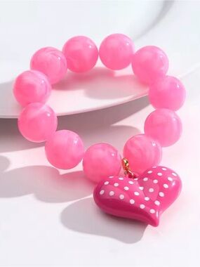 Pink gumball Beaded Bracelet with Polka Dot Heart Charm